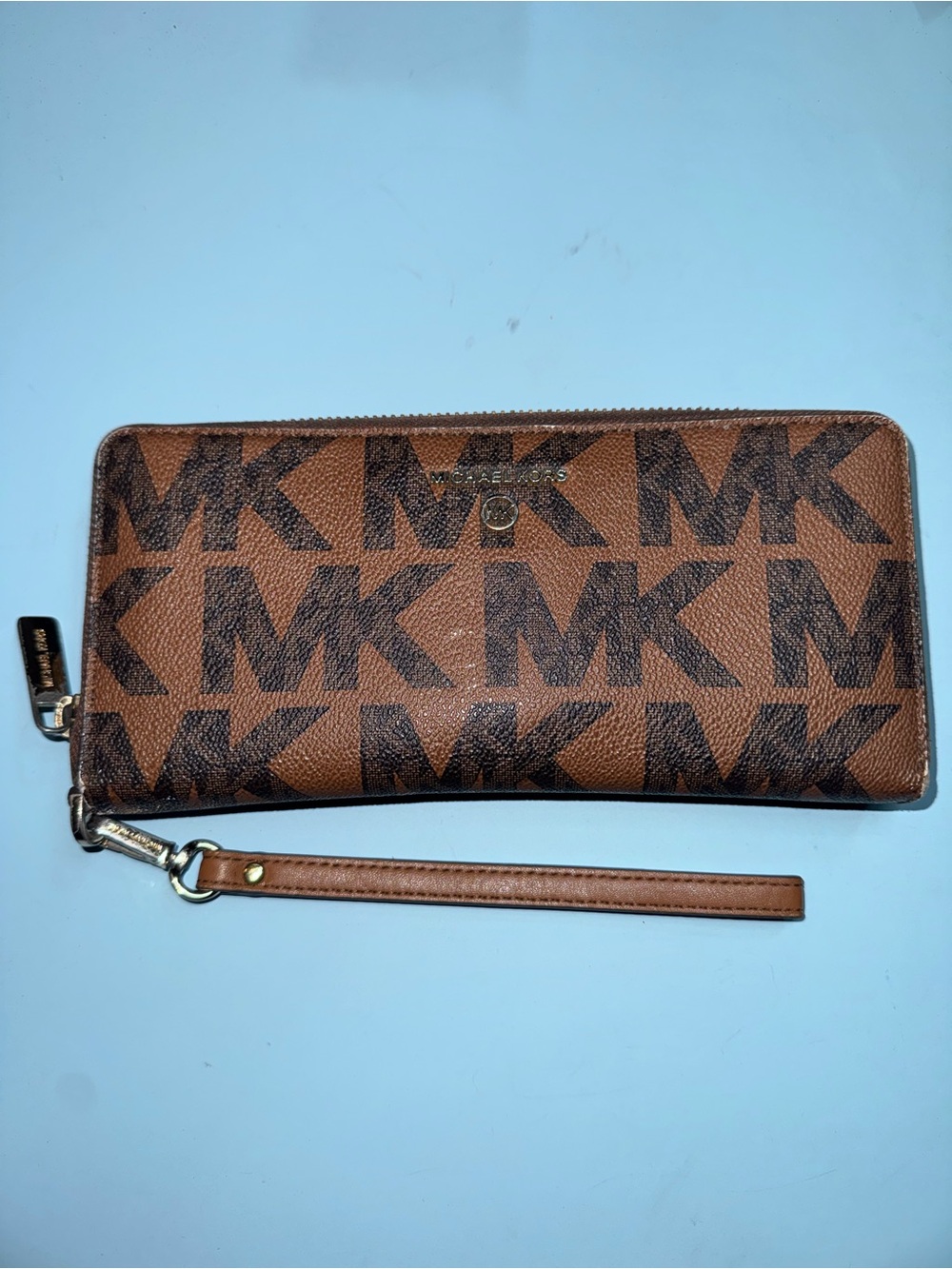 Michael Kors Brown and Black MK Logo Zip Wallet Wristlet